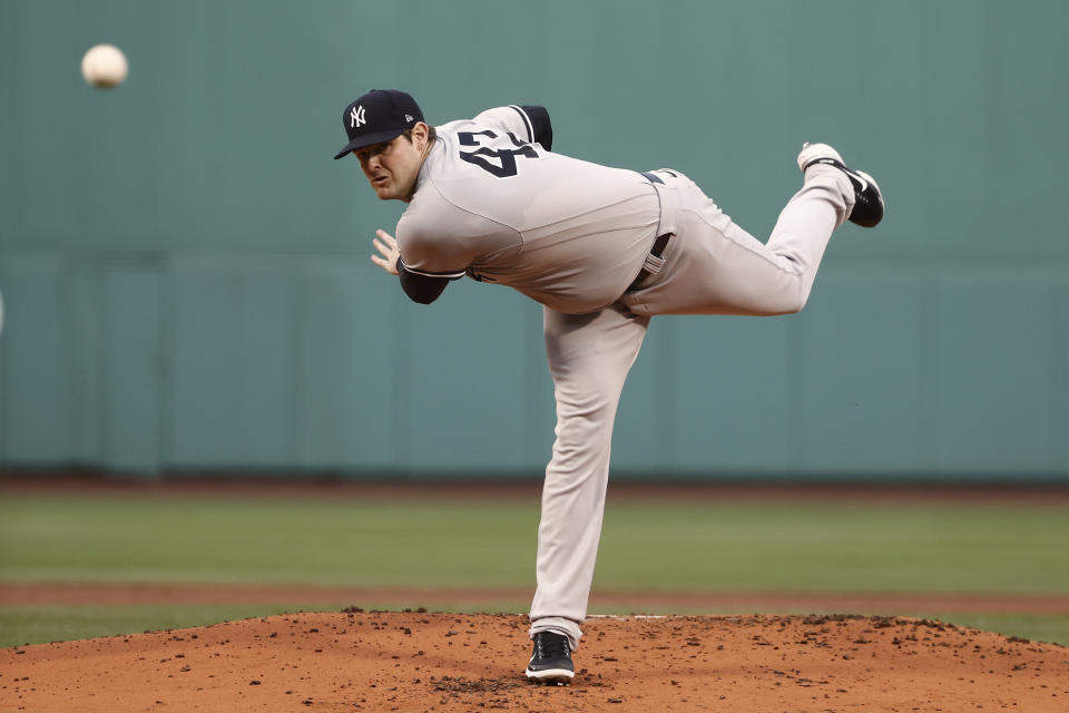 BOSTON, MA - JUNE 26: Jordan Montgomery #47 of the New York Yankees pitches against the Boston Red Sox during the first inning at Fenway Park on June 26, 2021 in Boston, Massachusetts. (Photo By Winslow Townson/Getty Images)