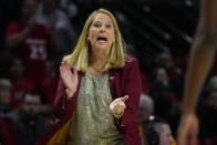 Maryland head coach Brenda Frese talks to her team against Arizona during the first half of a second-round college basketball game in the NCAA Tournament, Sunday, March 19, 2023, in College Park, Md. (AP Photo/Julio Cortez)