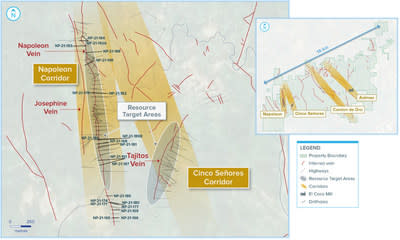 Plan map of the main Napoleon Corridor resource area highlighting recent drilling. (CNW Group/Vizsla Silver Corp.)