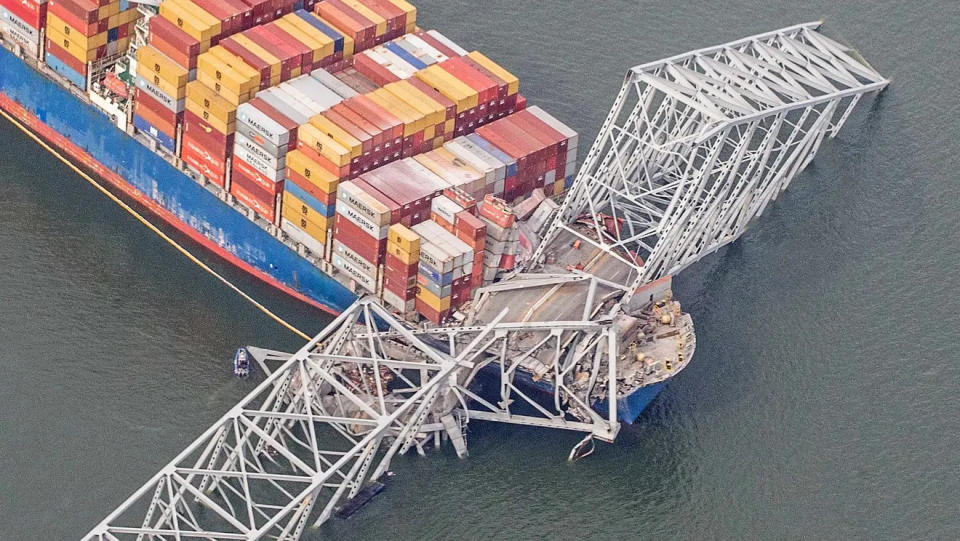 The ship Dali is shown in the wreckage of the Francis Scott Key Bridge in Baltimore, Maryland. The ship lost power and hit the bridge March 26.