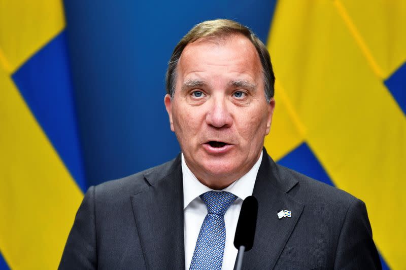 Sweden's Prime Minister Stefan Lofven speaks during a news conference after the no-confidence vote, in Stockholm