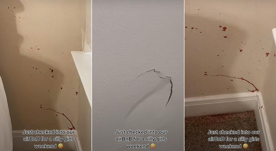 Stills from TikTok showing damaged Airbnb room, with red splatter in corner and crack in wall