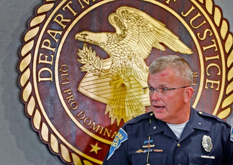 Indiana State Police Superintendent Doug Carter speaks during a press conference at the U.S. Attorney's office, Thursday, Oct. 11, 2018.  U.S. Attorney Minkler, the FBI, Indiana State Police, and the State Board of Accounts release details about joint operation in a crackdown involving "state-wide corruption," from Operation Public Accountability. 