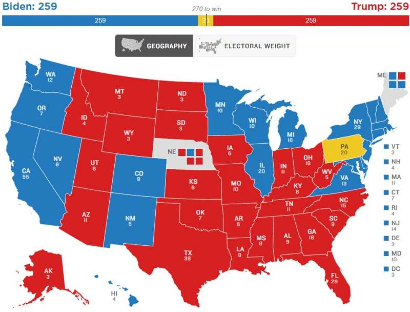 美國全國公共廣播電台（NPR）「最終版選舉人團地圖」，賓州決定版（NPR）