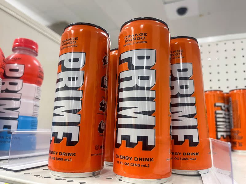 Prime energy drink cans sit on a shelf at Target in Brooklyn, New York