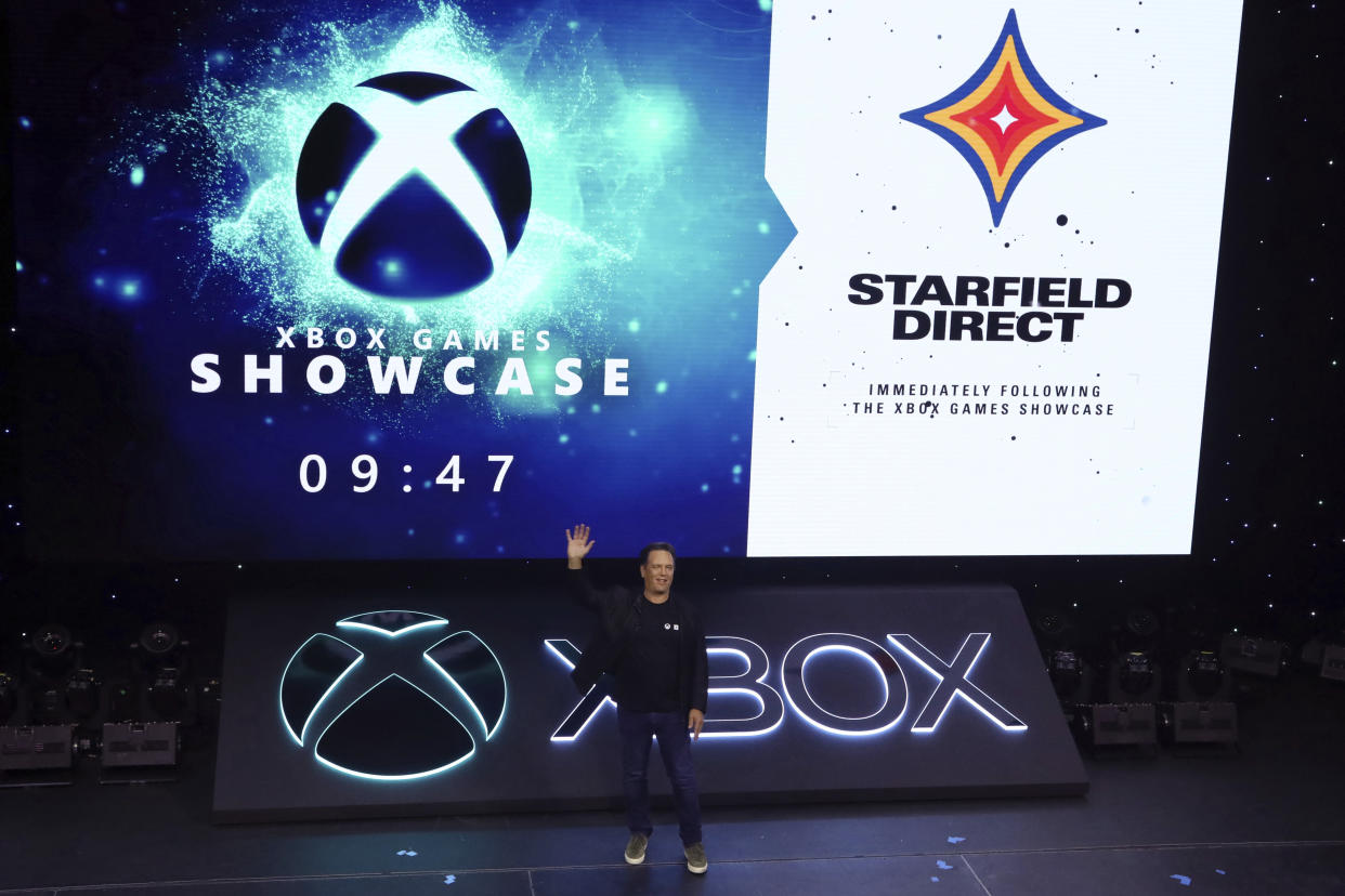 IMAGE DISTRIBUTED FOR XBOX - Phil Spencer, Head of Xbox, welcomes fans as the countdown to the 2023 Xbox Games Showcase and Starfield Direct begins on Sunday, June 11, 2023 in Los Angeles. (Casey Rodgers/AP Images for Xbox)