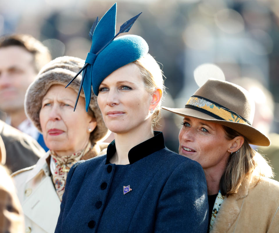 CHELTENHAM, UNITED KINGDOM - MARCH 12: (EMBARGOED FOR PUBLICATION IN UK NEWSPAPERS UNTIL 24 HOURS AFTER CREATE DATE AND TIME) Princess Anne, Princess Royal, Zara Tindall and Dolly Maude attend day 1 'Champion Day' of the Cheltenham Festival at Cheltenham Racecourse on March 12, 2019 in Cheltenham, England. (Photo by Max Mumby/Indigo/Getty Images)