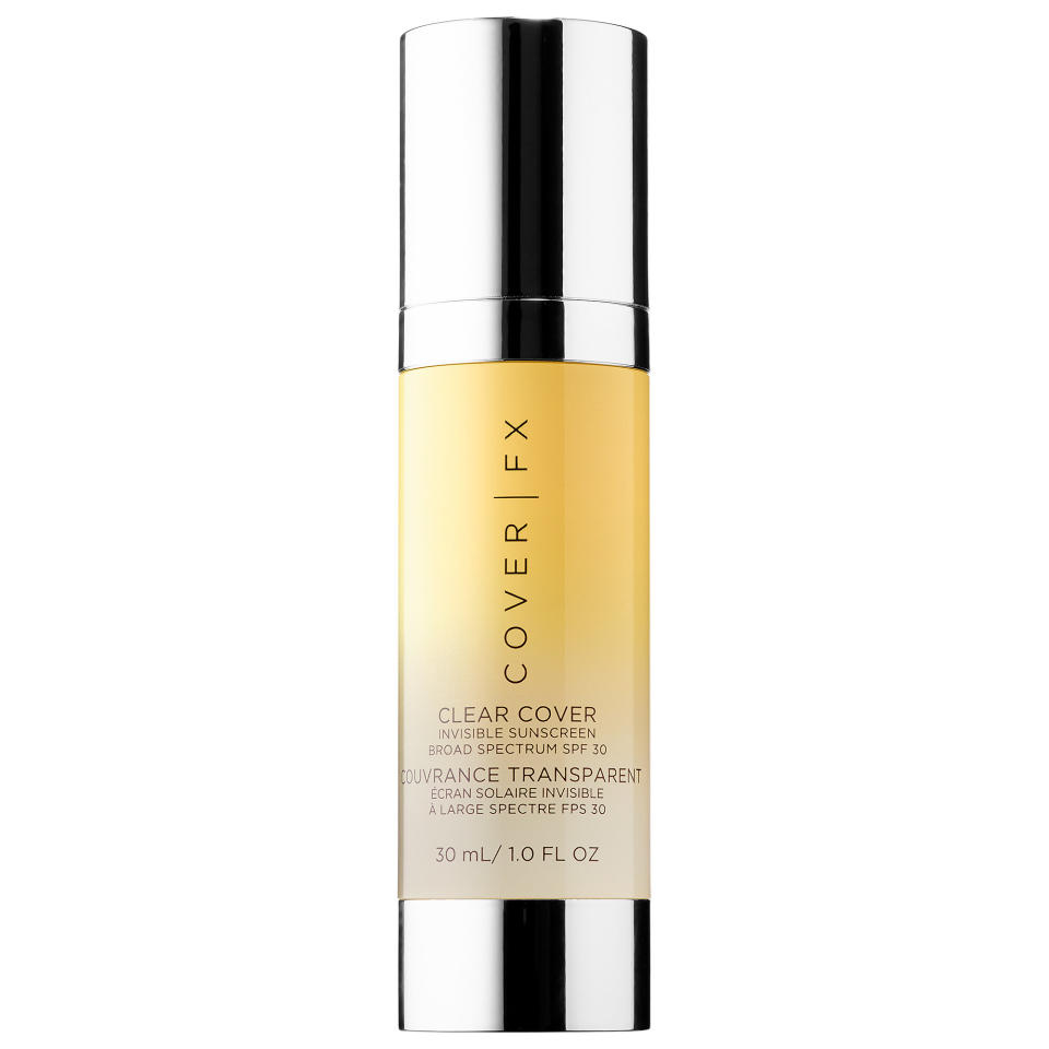 <p>This clear formula feels like velvet on your skin, hydrates dry areas, and smoothes uneven skin, all while feeling super-lightweight. <a rel="nofollow noopener" href="http://www.sephora.com/clear-cover-invisible-sunscreen-broad-spectrum-spf-30-P409070?om_mmc=ppc-GG_652230442_29731549381_dsa-163472390667__140881059108_9060351_c&country_switch=us&lang=en&gclid=CPbL7Y-bidQCFUiHswodBjYOhA&gclsrc=aw.ds" target="_blank" data-ylk="slk:Cover FX Clear Cover Invisible Sunscreen SPF 30;elm:context_link;itc:0;sec:content-canvas" class="link ">Cover FX Clear Cover Invisible Sunscreen SPF 30</a>, $44. (Photo: Sephora) </p>