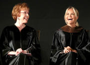 <p>The two shared a laugh at AFI Conservatory’s 2017 Commencement in Hollywood, where Chenoweth presented Burnett with an honorary degree. Naturally, Burnett offered her signature Tarzan yell while accepting. (Photo: Frederick M. Brown/Getty Images for AFI) </p>