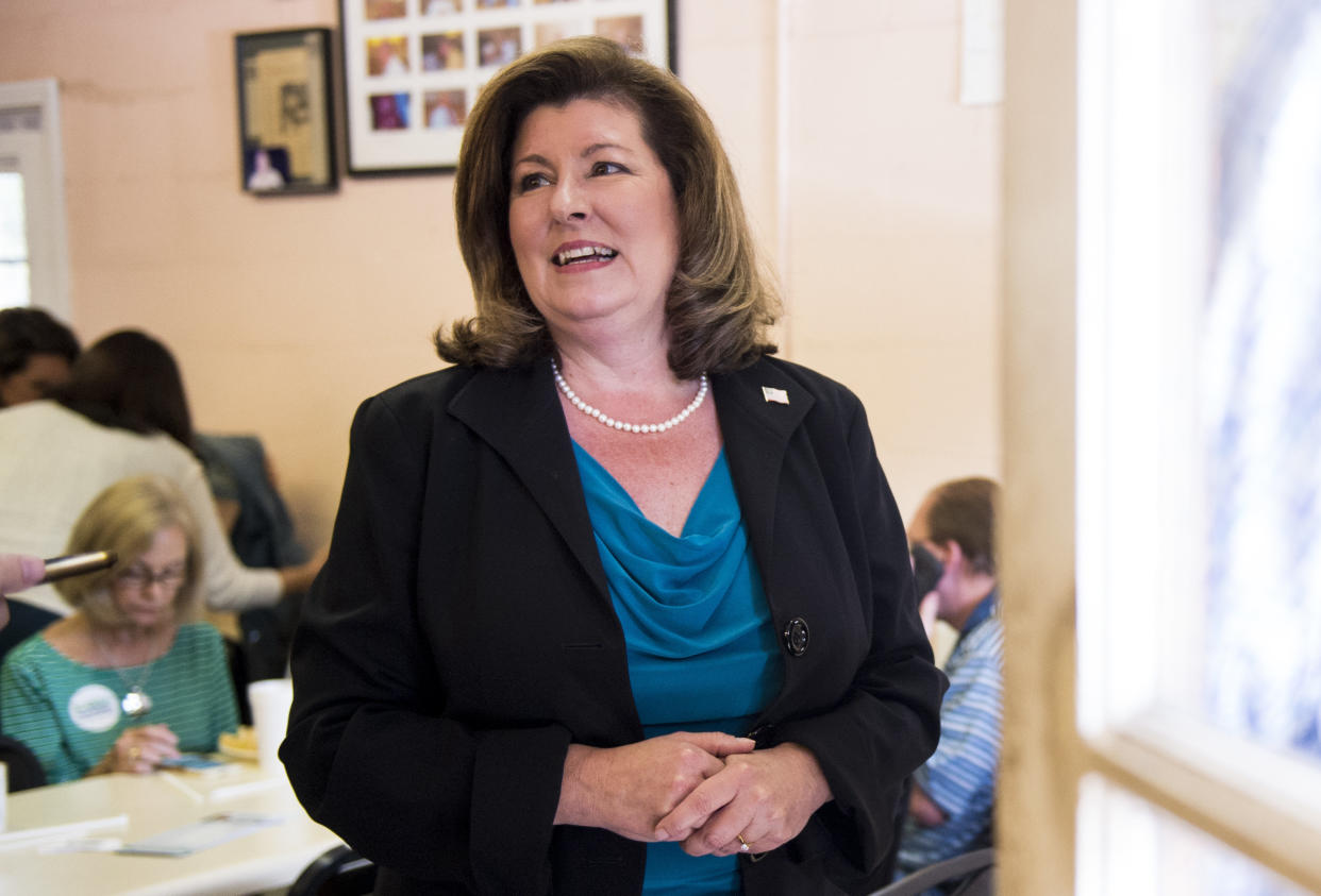 Karen Handel speaks with reporters in April. (Photo: Bill Clark via Getty Images)