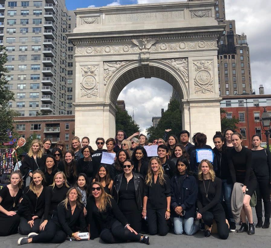 Women gather in Washington Square Park in New York during the walkout in support of Brett Kavanaugh's accusers and sexual assault survivors.&nbsp; (Photo: Emma Gray/HuffPost)