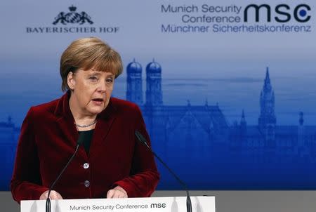 German Chancellor Angela Merkel addresses during the 51st Munich Security Conference at the 'Bayerischer Hof' hotel in Munich February 7, 2015. REUTERS/Michael Dalder