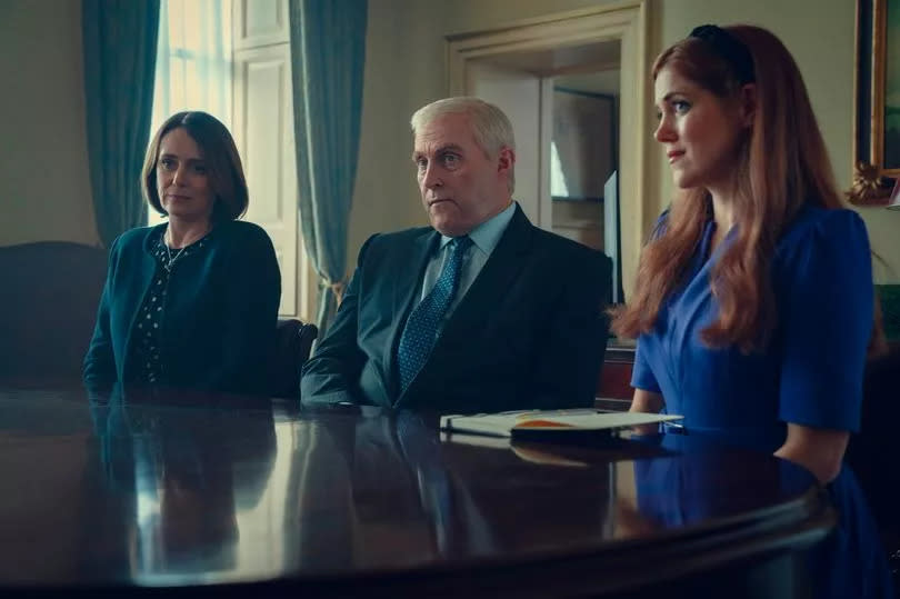 Still from Scoop. Pictured: Keeley Hawes as Amanda Thirsk, Rufus Sewell as Prince Andrew and Charity Wakefield as Princess Beatrice