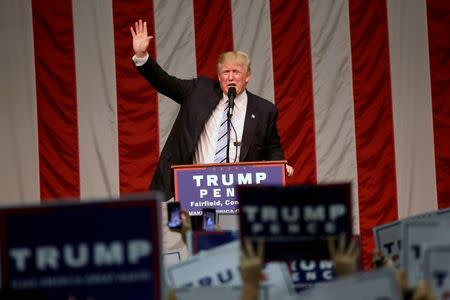 Republican presidential nominee Donald Trump speaks during a campaign event in Fairfield , Connecticut, U.S., August 13, 2016. REUTERS/Michelle McLoughlin