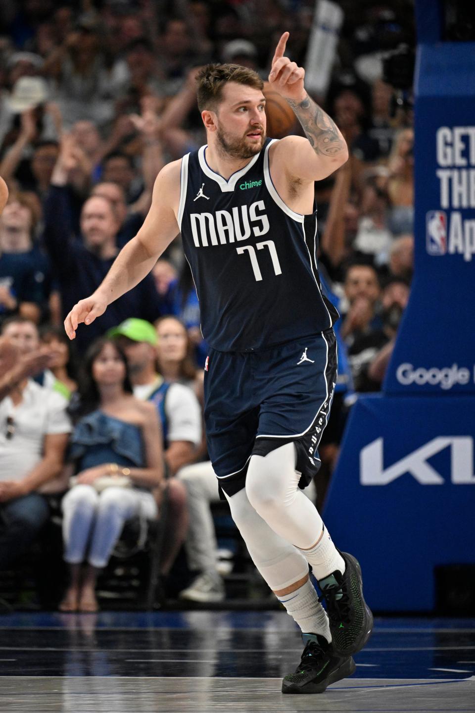 Luka Doncic reacts during the Mavericks' Game 3 win over the Timberwolves at American Airlines Center.