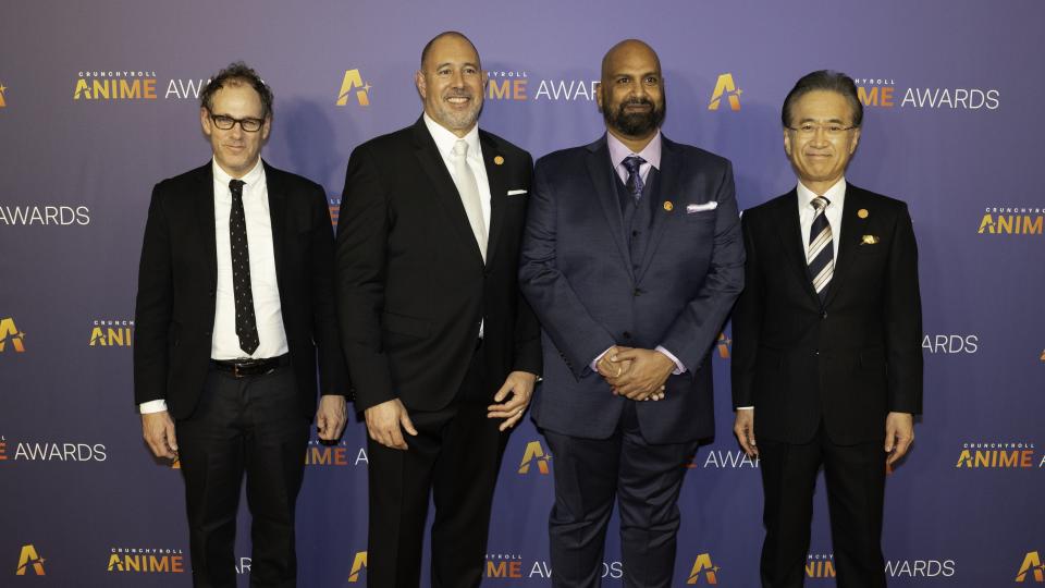 <em>(l. to r.): Sanford Panitch, president of Sony Pictures Entertainment Motion Picture Group; Keith LeGoy, chairman of worldwide distribution and networks, Sony Pictures Entertainment; Rahul Purini, president, Crunchyroll; and Kenichiro Yoshida, president and chairman, Sony Group at the 2024 Crunchyroll Anime Awards in Tokyo on March 2</em>