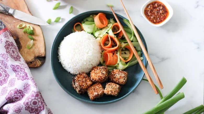 salmon bites with rice and vegetables