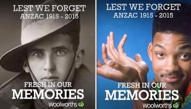 Woolworths' disastrous 'Fresh in our Memories' campaign led to many distasteful images being used in the branded image generator. Source: Woolworths/Twitter