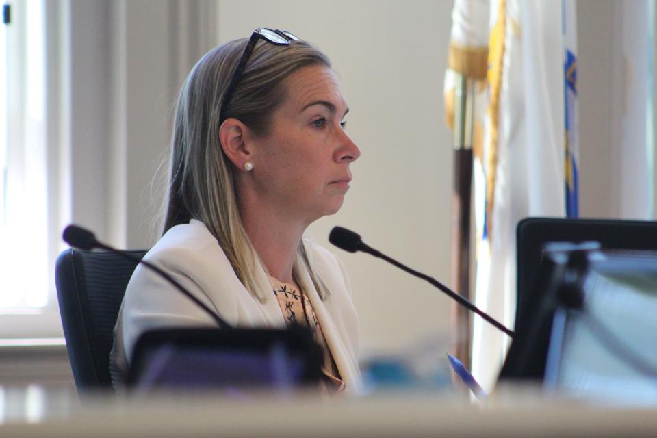 Barnstable School Superintendent Sara Ahern listens as community members speak before the Barnstable School Committee about the firing of former Assistant Principal Hope Taylor. Photo taken August 21, 2024, at Barnstable Town Hall in Hyannis.