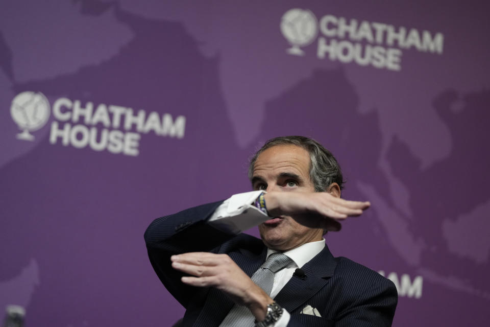 The Director General of the Atomic Energy Agency, Rafael Marino Grossi speaking at an event entitled ' A New Nuclear Order' at Chatham House in London, Tuesday, Feb. 7, 2023. (AP Photo/Alastair Grant)