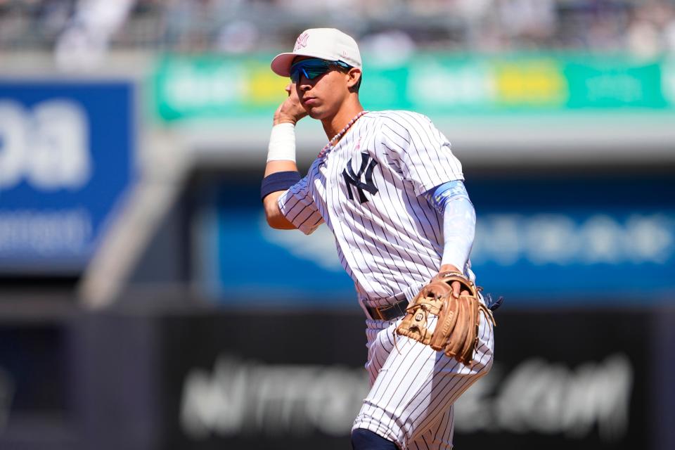 May 14, 2023; Bronx, New York, USA; New York Yankees second baseman Oswaldo Cabrera (95) throws out Tampa Bay Rays shortstop Wander Franco (5) after fielding a ground ball during the third inning at Yankee Stadium. Mandatory Credit: Gregory Fisher-USA TODAY Sports