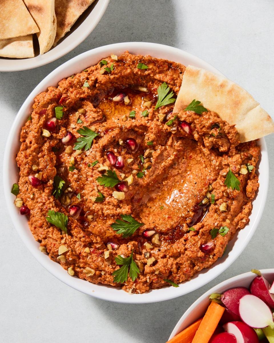 muhammara dip garnished with herbs and pomegranates with crudites