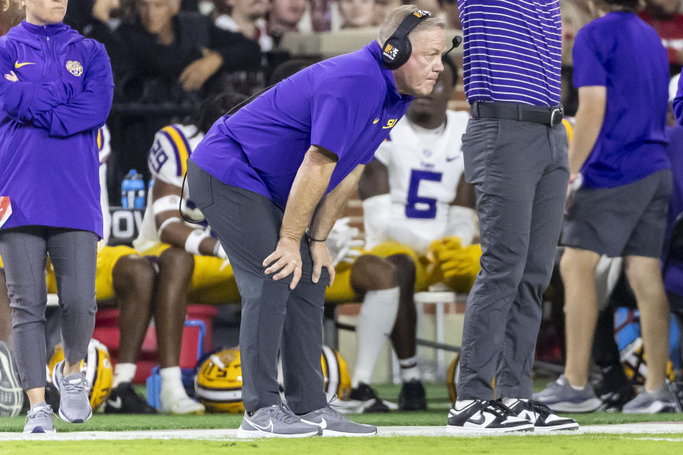 LSU head coach Brian Kelly watches his team during the first half of an NCAA college football game against Alabama, Saturday, Nov. 4, 2023, in Tuscaloosa, Ala. (AP Photo/Vasha Hunt)