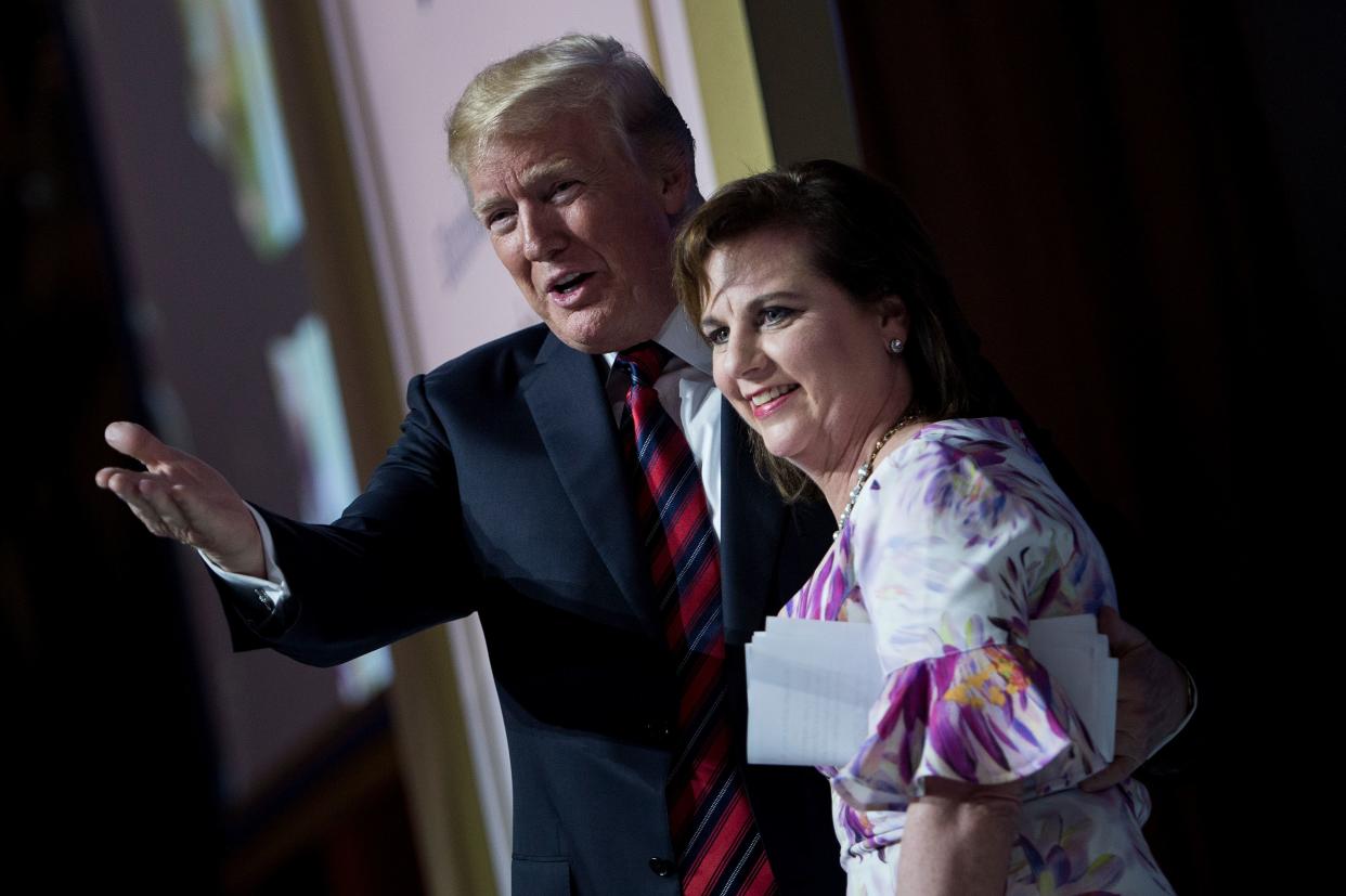 US President Donald Trump (L) and Marjorie Dannenfelser, President of Susan B. Anthony List, talk during the Susan B. Anthony List 11th Annual Campaign for Life Gala at the National Building Museum May 22, 2018 in Washington, DC. (Photo by Brendan Smialowski / AFP)        (Photo credit should read BRENDAN SMIALOWSKI/AFP via Getty Images)