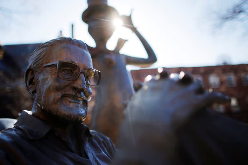 A statue of author Theodor Seuss Geisel (Dr. Seuss) stands in the Dr. Seuss National Memorial Sculpture Garden in Springfield