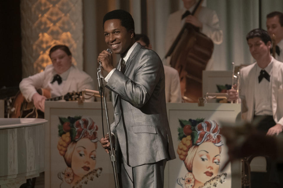 This image released by Amazon Studios shows Leslie Odom Jr. in a scene from "One Night in Miami." Odom was nominated for a Golden Globe for best supporting actor in a motion picture on Wednesday, Feb. 3, 2021 for his role in the film. (Patti Perret/Amazon Studios via AP)