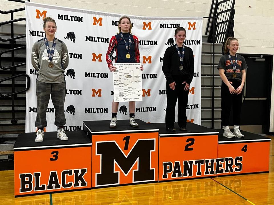 Philipsburg-Osceola’s Isabella DuVall celebrates her third place finish at 124 pounds in the PIAA Central Regional Championships on Saturday, March 2, 2024 at Milton High School. Photo provided