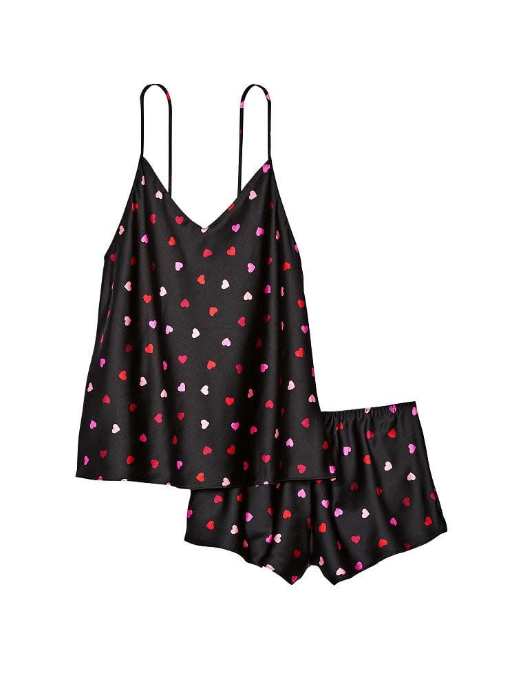 At Victoria's Secret in Braintree, a black satin cami set with multicolored hearts will run you $54.95.