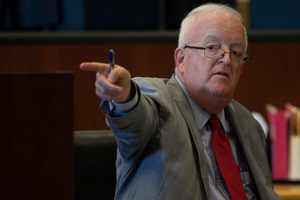 Defense attorney Lee Hollander reacts during the trial of defendant Sheila O’Leary, Wednesday, June 22, 2022, at the Lee County Clerk of Court in Fort Myers, Fla.O’Leary and her husband, Patrick Ryan O’Leary, are accused of the death of their months-old baby due to malnutrition.