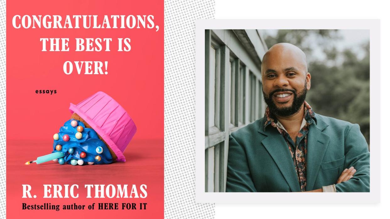 author r eric thomas next to the cover art of his book, congratulations the best is over