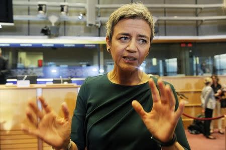 Competition European Commissioner-designate Margrethe Vestager of Denmark gestures prior to an address to the European Parliament's Committee on Economic and Monetary Affairs, at the EU Parliament in Brussels October 2, 2014. REUTERS/Eric Vidal