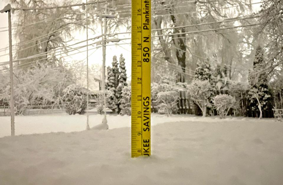 A ruler measures 7.5 inches of snow on a picnic table in a backyard in Bayside on Friday, March 10, 2023. Much of southeast Wisconsin received several inches of wet, heavy snow overnight.