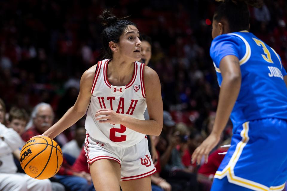 Utah Utes guard Inês Vieira (2) looks to pass the ball during a game against the UCLA Bruins at the Huntsman Center in Salt Lake City on Jan. 22, 2024. The Utes won during overtime 94-81. | Marielle Scott, Deseret News