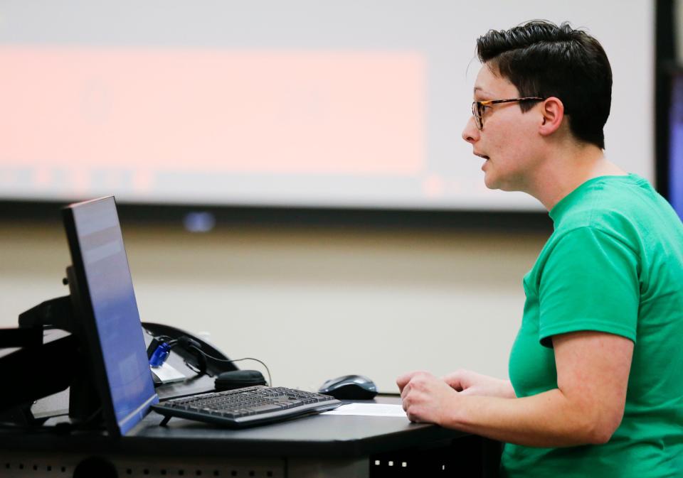 Brittany Dyer speaks at a Springfield Public Schools board meeting about LGBTQ+ rights on Tuesday, Feb. 28, 2023.