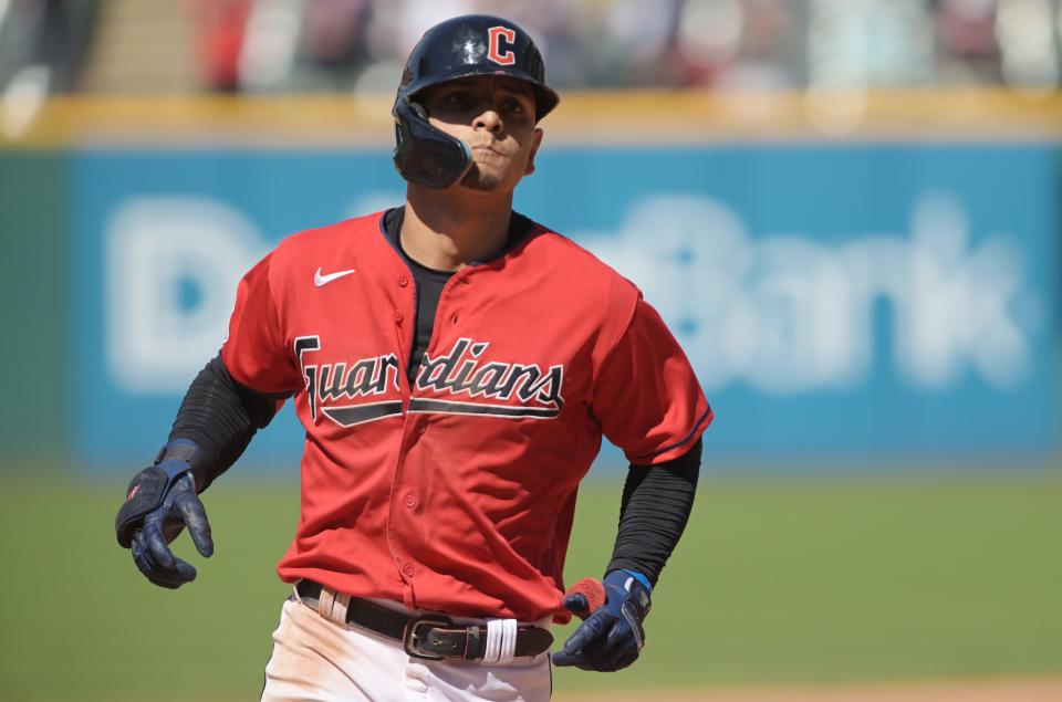 Guardians second baseman Andres Gimenez rounds the bases after hitting a game-winning, two-run home run during the ninth inning against the Minnesota Twins, June 30, 2022, in Cleveland.