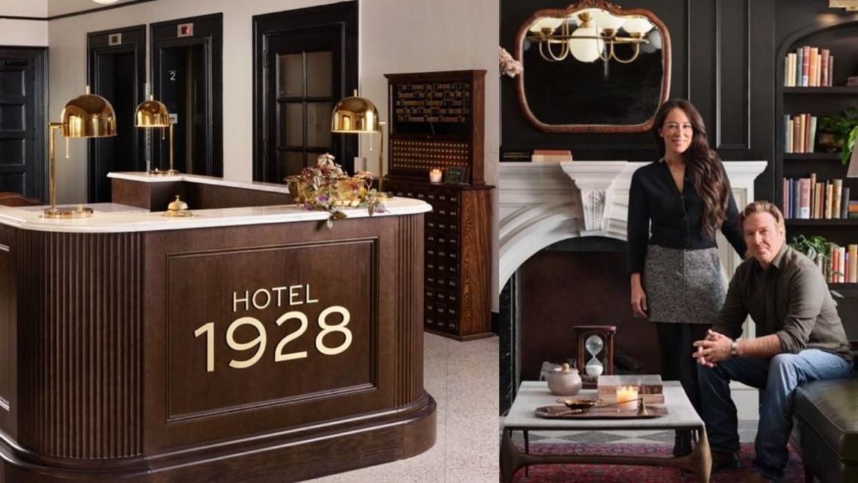 chip and jo gaines standing in at the library of their new hotel 1928 in waco, texas