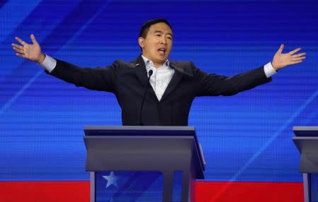 Entrepreneur Andrew Yang reacts at the 2020 Democratic U.S. presidential debate in Houston, Texas, U.S.