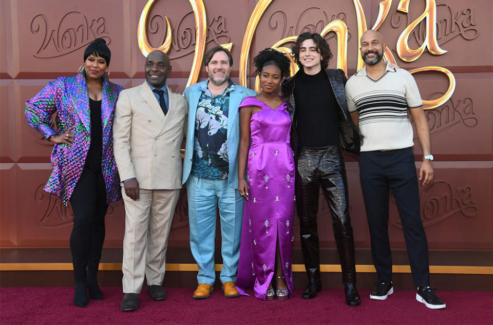 Natasha Rothwell, Patterson Joseph, Paul King, Calah Lane, Timothée Chalamet and Keegan-Michael Key attend the Los Angeles Premiere Of Warner Bros. "Wonka" at Regency Village Theatre on December 10, 2023 in Los Angeles, California.