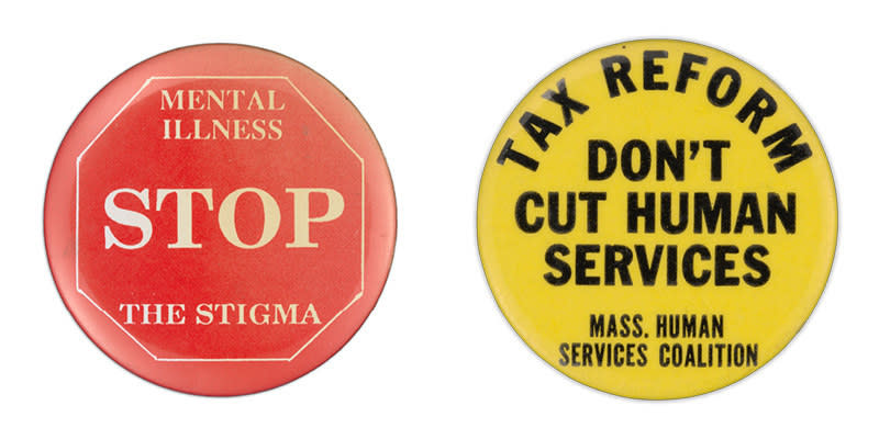 Button on the right has a read hexagonal stop sign reading "mental illness — stop the stigma" and the button on the right reading "tax reform — don't cut human services. mass human services coalition"