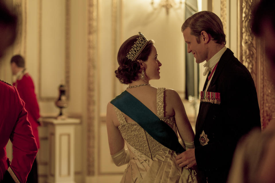 The Crown - Elizabeth, Phillip - Elizabeth and Philip enjoy a private moment at the Ambassadors Ball