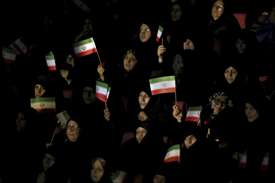 Female members of the the Basij paramilitary force affiliated to the Iran's Revolutionary Guard attend in one of the ceremonies marking "Basij Week" and also commemorating the 40th anniversary of establishment of the force, in Tehran, Iran, Sunday, Nov. 24, 2019. (AP Photo/Vahid Salemi)