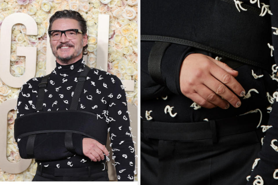 Closeup of Pedro Pascal and his nails that say "ouchy"