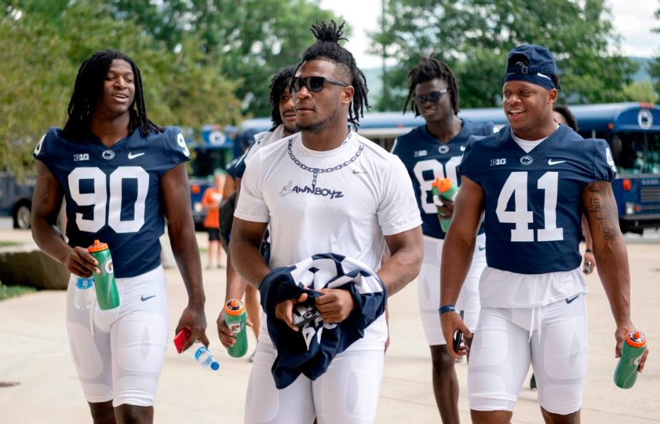 Penn State football players enter Beaver Stadium for media day on Saturday, Aug. 6, 2022.