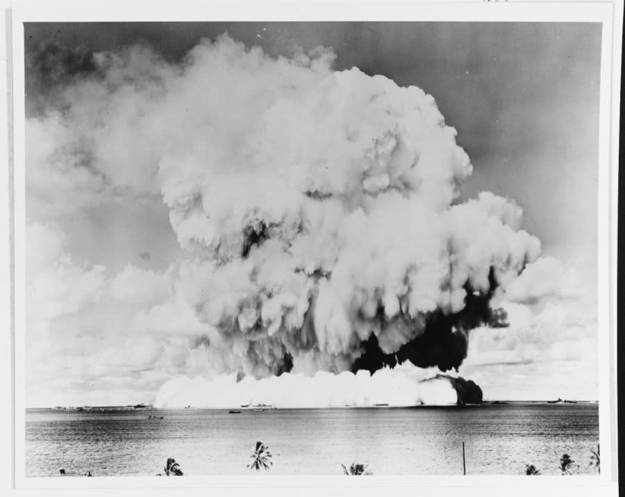Operation Crossroads, 1946 “Baker Day” A-bomb underwater blast, seen from shore of Bikini Atoll, 25 July 1946. Copyright Owner: National Archives