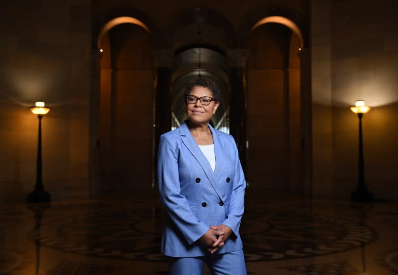 LOS ANGELES-CA-APRIL 8, 2022: Karen Bass is photographed at City Hall on Friday, April 8, 2022. (Christina House / Los Angeles Times)