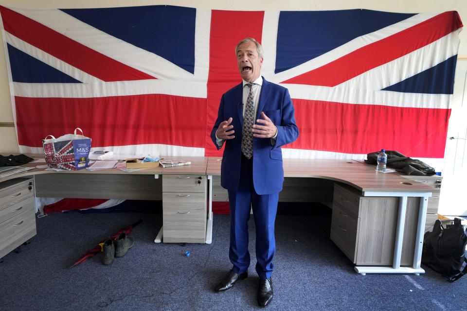 Reform UK party leader Nigel Farage speaks during an interview in Clacton-On-Sea, England, Friday, June 21, 2024. Britain votes in a national election next week at a time of high public dissatisfaction over a host of issues. Many Conservative voters are turning away from the governing party, and some are switching to anti-immigration Reform. (AP Photo/Kirsty Wigglesworth)